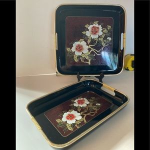VTG Toyo MCM Black Lacquer  Floral Trays.